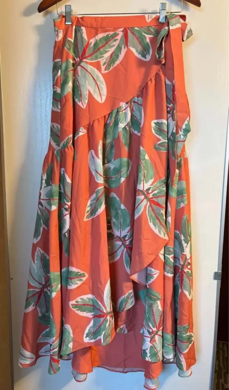 NWT Anthropologie Hutch Tropical Palm Leaf Printed Wrap Maxi Skirt Size Large
